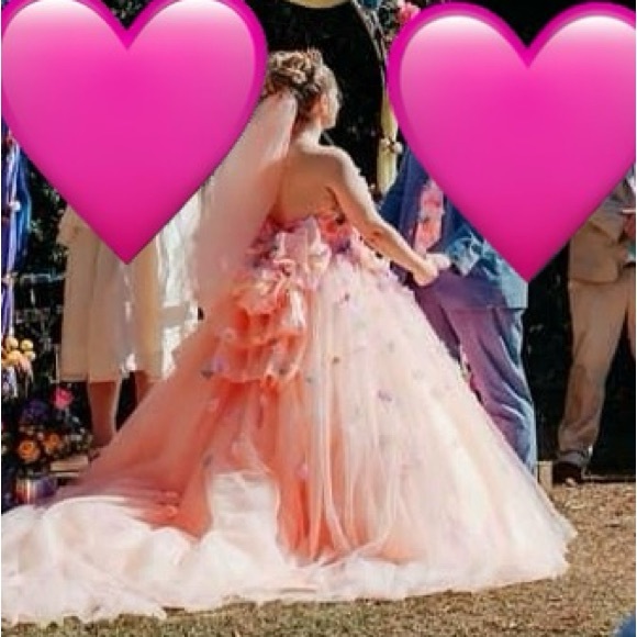 ( DM 1st) Peach Tulle Floral Appliqué Wedding or Quinceañera Gown Size 12-14 - Picture 15 of 16
